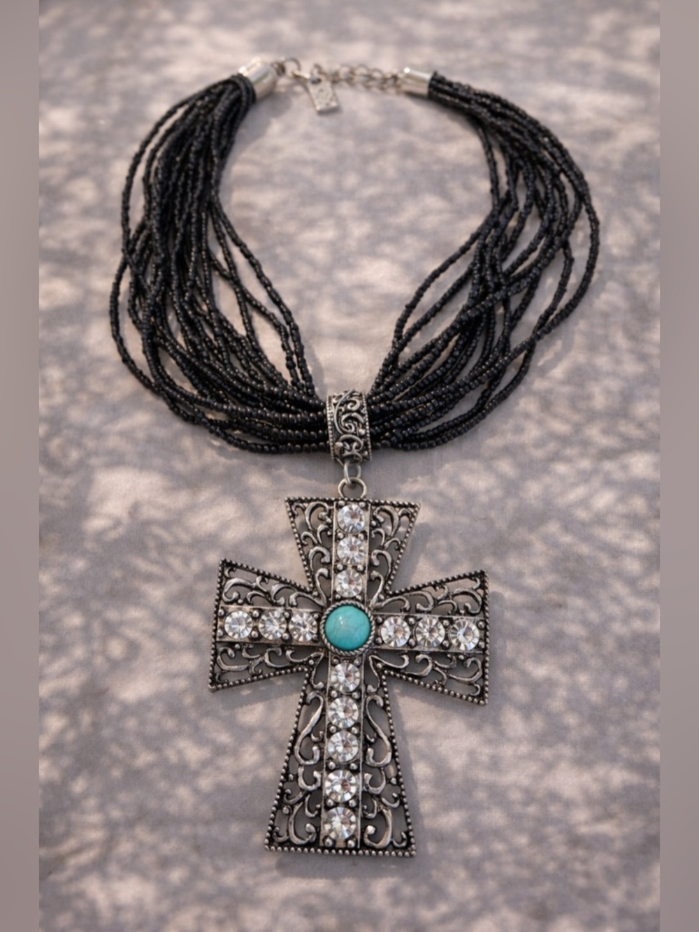 Statement Cross Necklace Black Multi Strand Beaded Rhinestone Turquoise Pendant